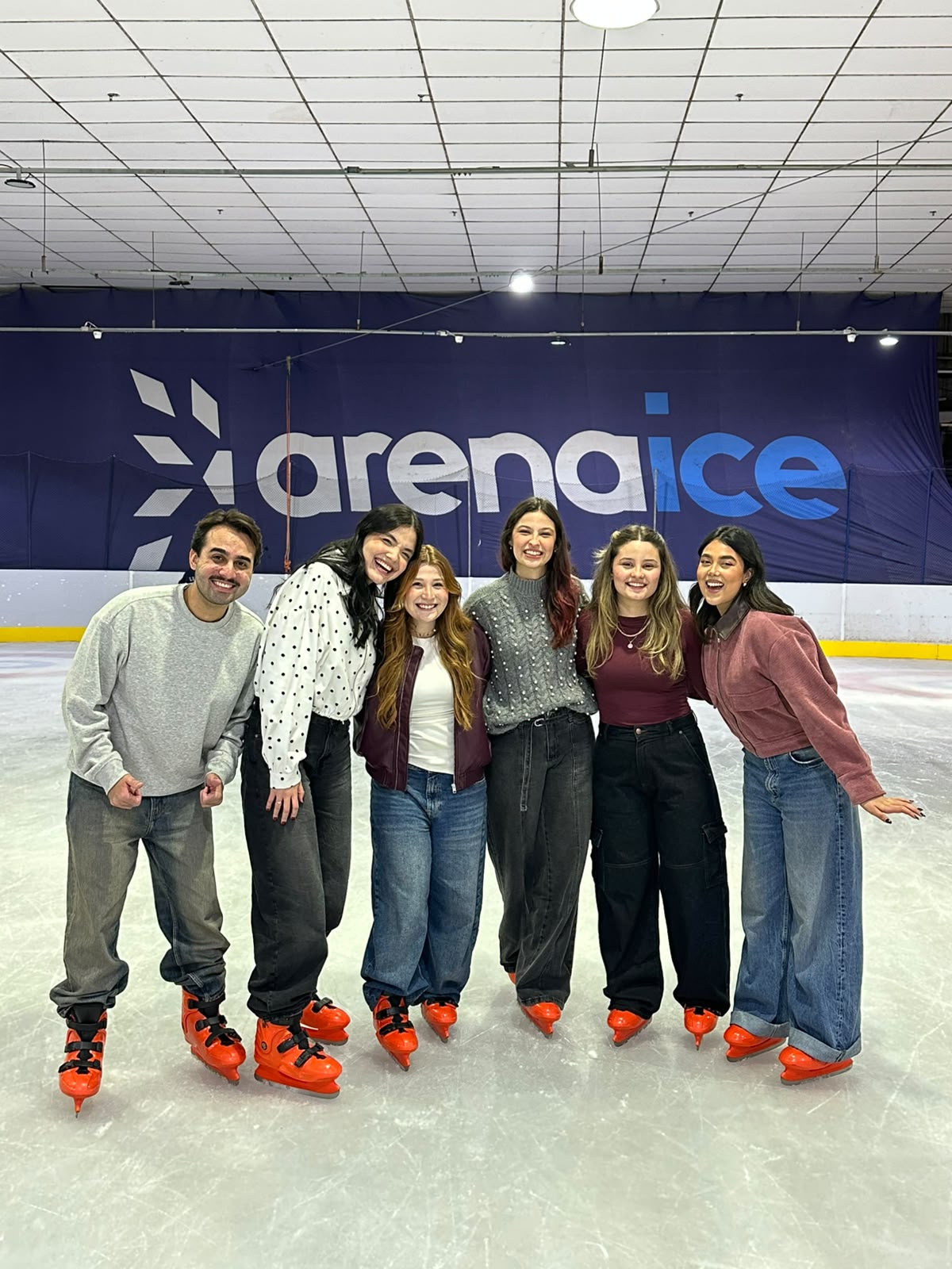 Grupo de amigos sorrindo na pista de gelo da Arena Ice